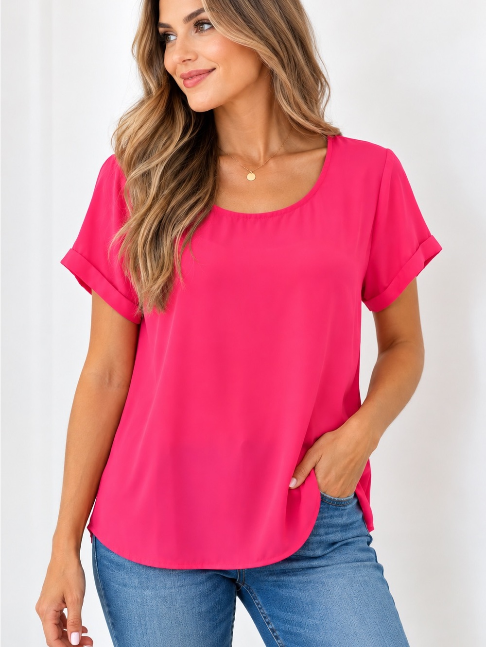 Everly Hot Pink Blouse Size Medium | Flowy Short Sleeve Top